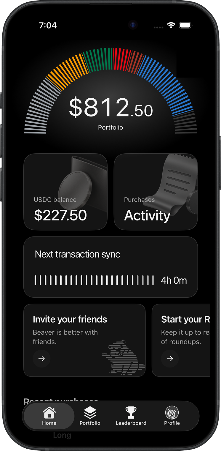 Beaver home screen showing portfolio value, USDC balance, purchase activity, and round-up sync status