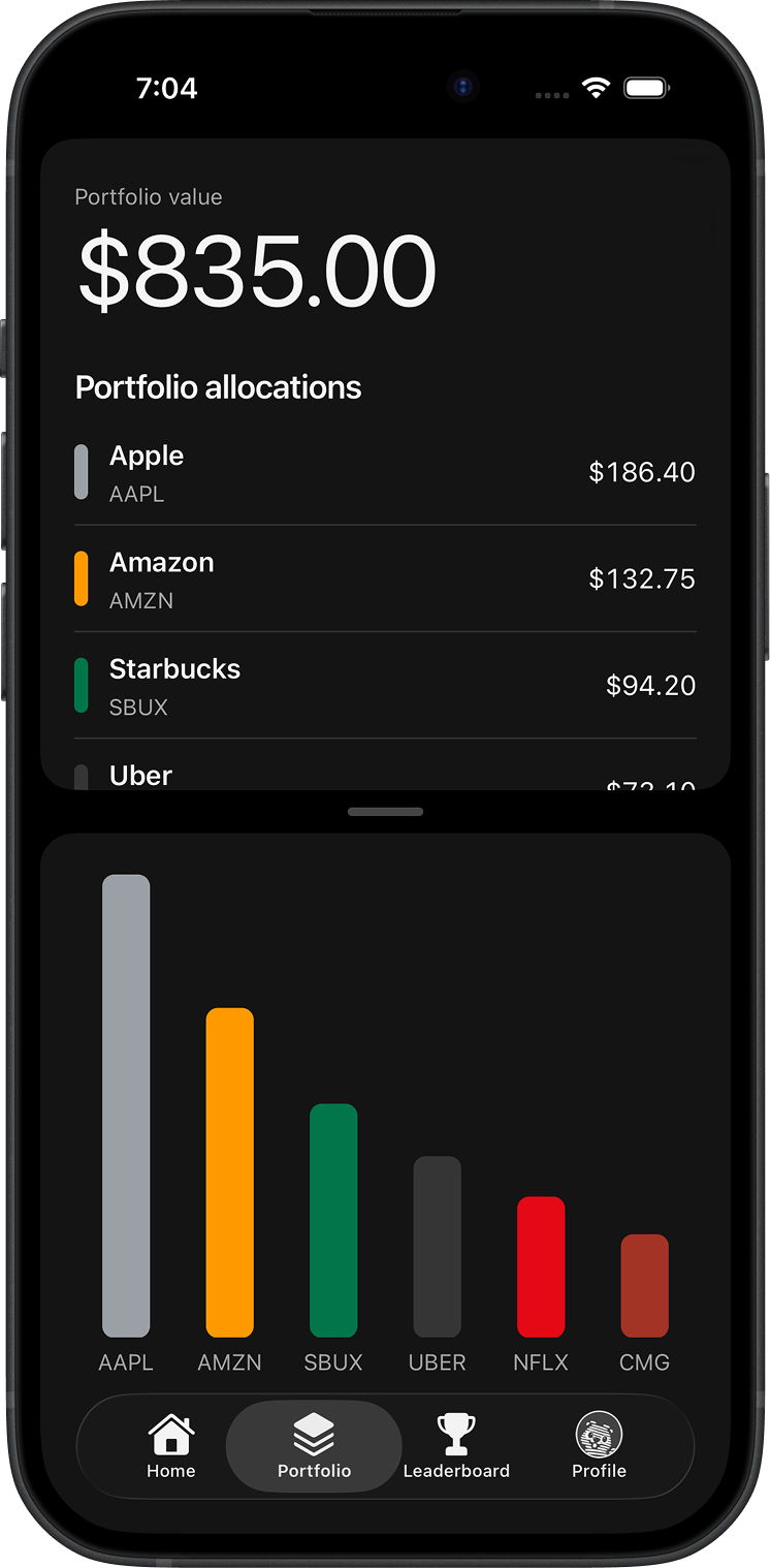 Beaver portfolio screen showing stock allocations and investment values