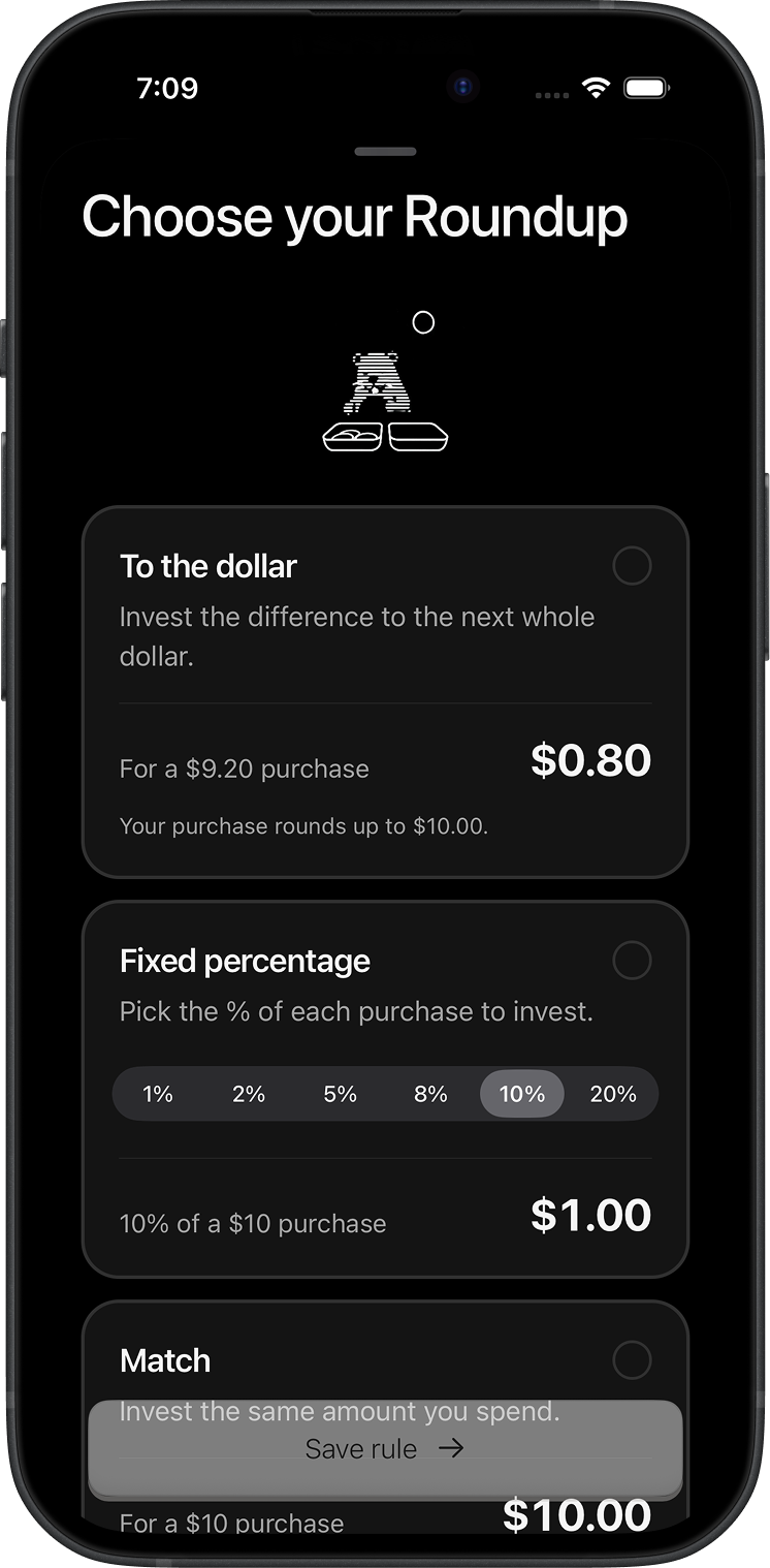 Beaver round-up setup screen with dollar, percentage, and matching options